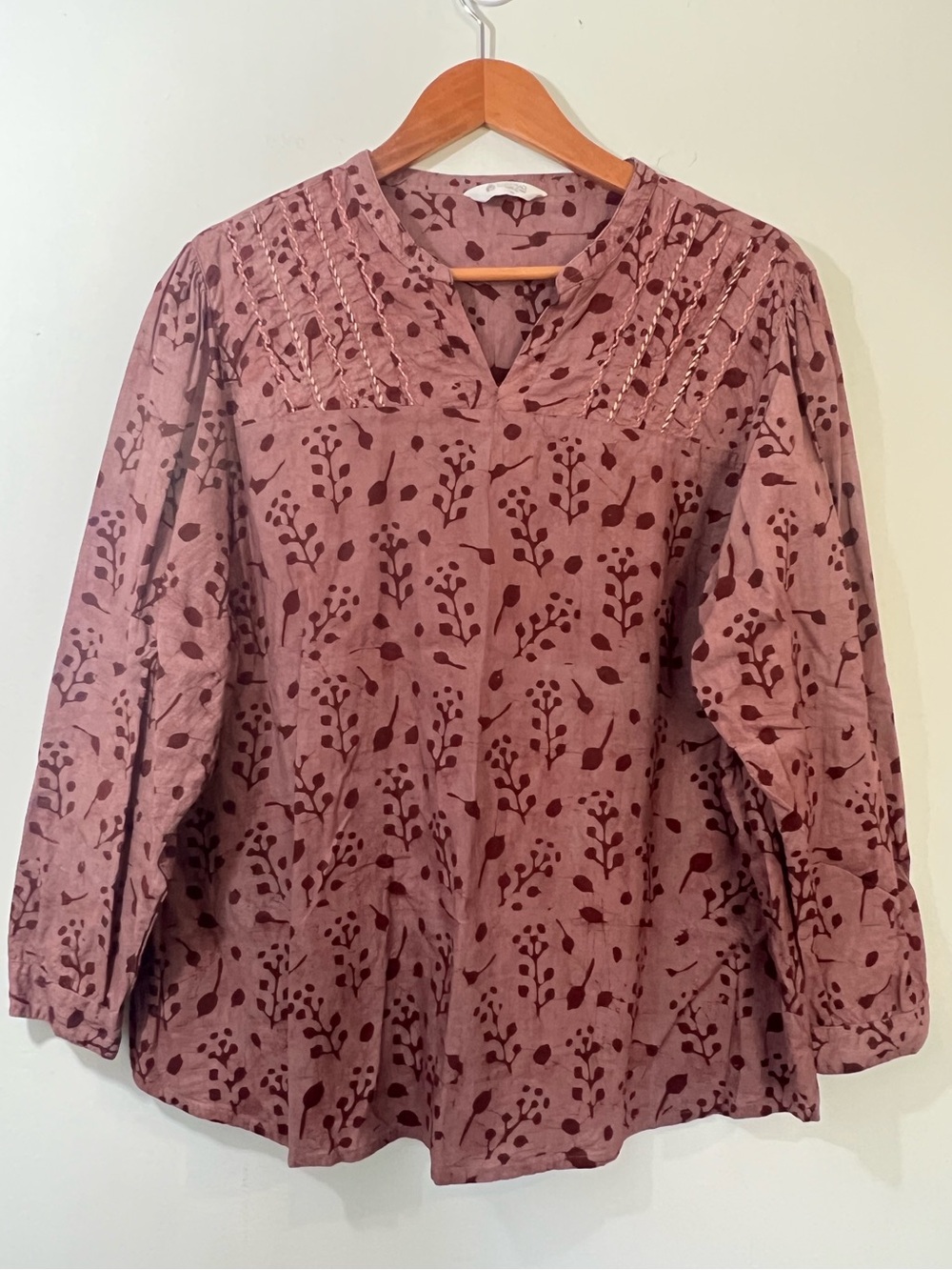 Boho Dusty Rose Floral Tunic | 100% Cotton Indian Pintuck Embroidery Artisan  L